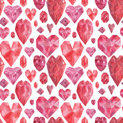 Watercolor seamless pattern Bright hearts crystals of various fancy shapes