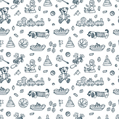 Toys doodle seamless pattern. Kids background. Endless wallpaper. Hand drawn doodles Vector illustration.