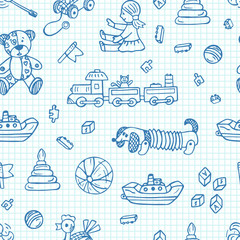 Fototapeta na wymiar Toys doodle seamless pattern. Kids background. Endless wallpaper. Hand drawn doodles Vector illustration.