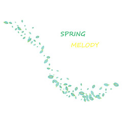 Flying green leaves on white background. Fresh spring foliage. Vector illustration.