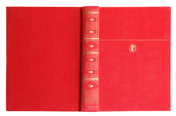 Open old book with vintage red cover isolated on white, top view