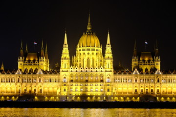 Illuminated Hungarian Parliament Building at night. Budapest Parliament house close-up view.