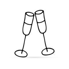 Doodle line icon. Sketch wedding toast, wine glasses. Coloring. Silhouette champagne for illustration of alcoholic drinks, sparkling wine and celebration. Symbol romantic. Outline vector.