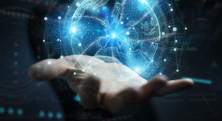 Businessman hand using Europe map globe network hologram 3D rendering
