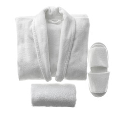 Clean folded bathrobe, slippers and towel isolated on white, top view