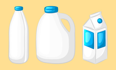 The range of milk in different packages. The milk in the bottle, the box and the canister. Set of cartoon icons. Vector illustration.