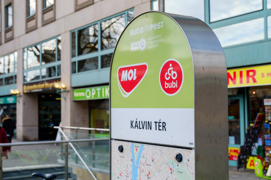 Budapest, Hungary. December 14, 2019: BKK BUBI MOL Rental bike station in Budapest city, Hungary.