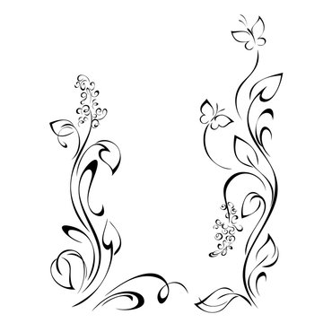 frame 15. decorative frame with stylized flowers on stems with leaves, butterflies and vignettes in black lines on a white background