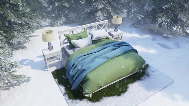 3d render. Bed covered with snow surrounded by nature