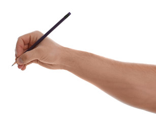 Man holding pencil on white background, closeup of hand