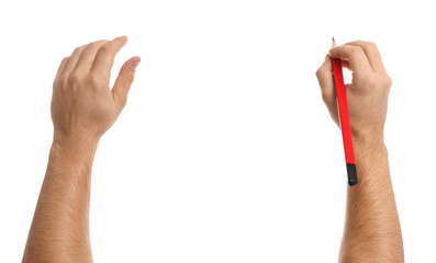 Man holding pencil on white background, closeup of hands