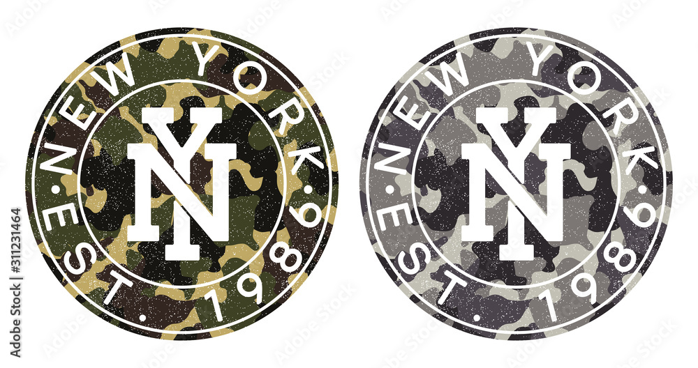 Poster camouflage texture and new york text for t-shirt design. typography graphics for tee shirt in milita