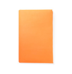 Book with blank orange cover isolated on white, top view
