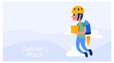illustration of a courier delivering packages using jetpack. logistics business mascot design. vector