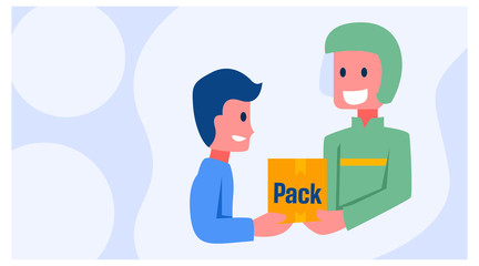 illustration of the character of package handover between the courier and the customer. vector design template. package logistics business