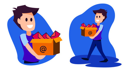 illustration of person carrying an email box. email marketing inbox. vector eps 10