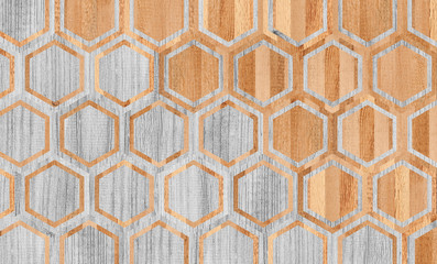 Brown and white wooden wall with hexagonal pattern. Light wood texture for background.