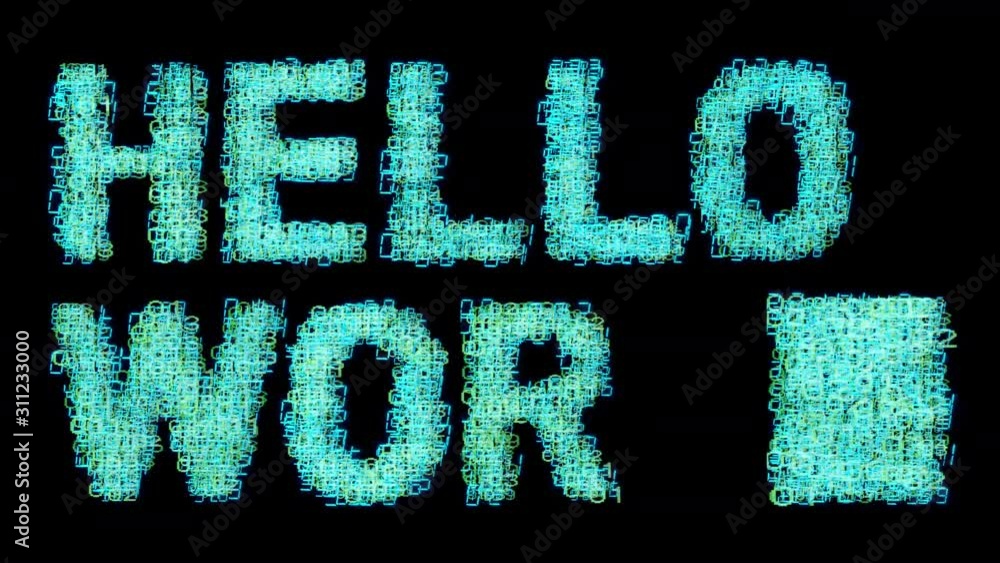 Poster computer and technology words hello world made from number sequnece videos