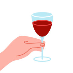 Hand holds glass with red wine. Alcoholic drink for dinner, holiday. Vector illustration on white background.