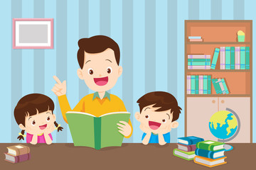father with children reading book