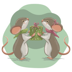 Hand drawn illustration of two cute mouse with present. Holiday greeting card illustration. 