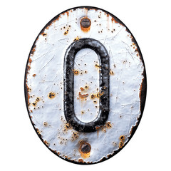 3D render capital letter O made of forged metal on the background fragment of a metal surface with cracked rust.