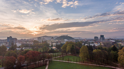 Fototapeta na wymiar Spectacular morning panoramic city view of Ljubljana.