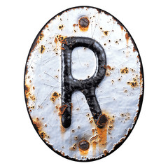 3D render capital letter R made of forged metal on the background fragment of a metal surface with cracked rust.