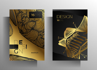 Set of poster, cover templates for book, magazine, booklet, catalog. Modern black and gold design with hand-drawn graphic elements. EPS 10 vector.