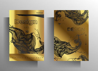 Set of poster, cover templates for book, magazine, booklet, catalog. Modern black and gold design with hand-drawn graphic elements. EPS 10 vector.