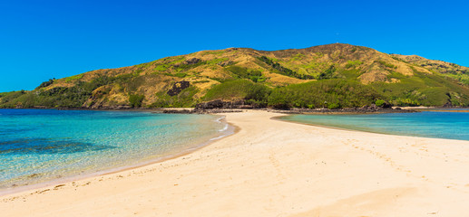 View of the sandy beach of the island, Fiji. Copy space for text.