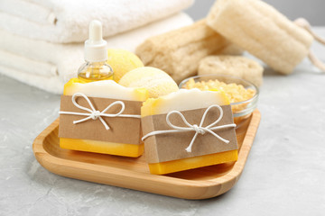 Natural handmade soap bars on marble table