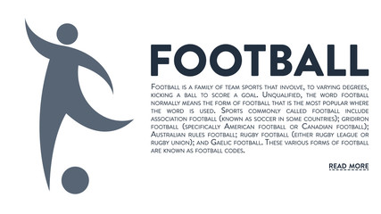 Graphic banner with vector icon of a man playing football and text headline and description