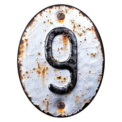 Number 9 made of forged metal on the background fragment of a metal surface with cracked rust.