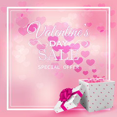 Valentine's day sale poster with open gift box and hearts on pink background