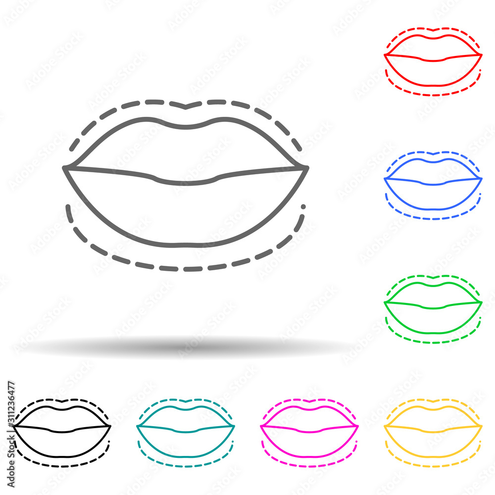 Poster lips botox enlarge augment multi color style icon. simple thin line, outline vector of anti agies ic