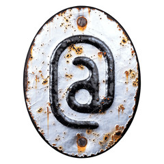 Symbol at made of forged metal on the background fragment of a metal surface with cracked rust.