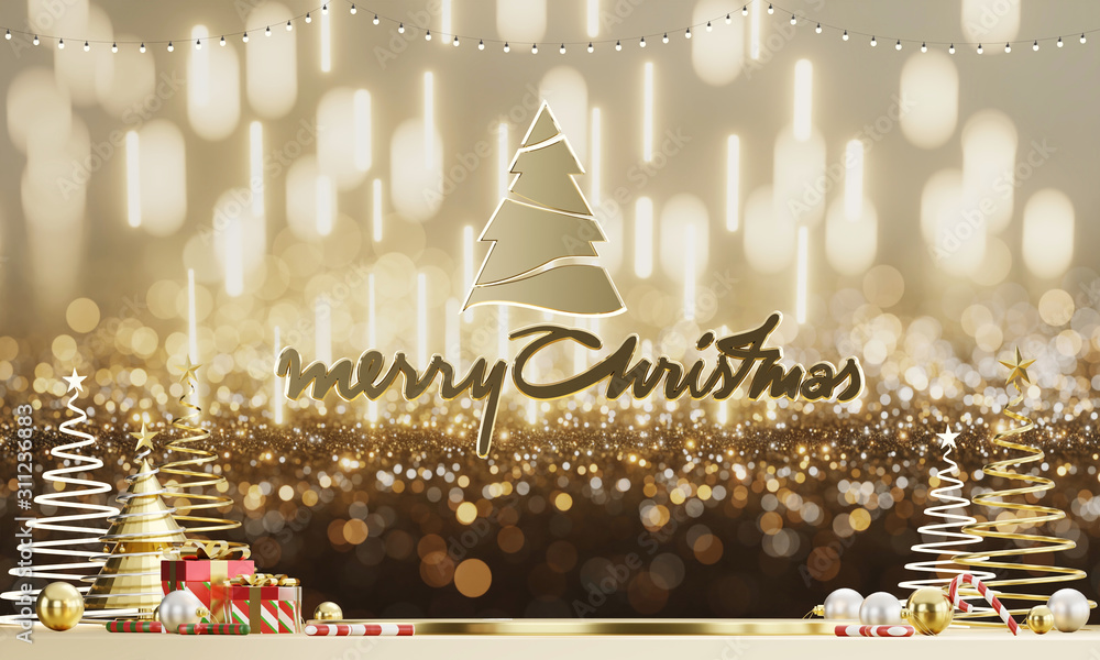 Poster merry christmas golden background with warm light bokeh background. 3d rendering.