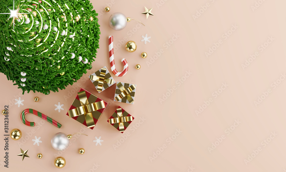 Poster merry christmas background in topview with copy space, 3d rendering.