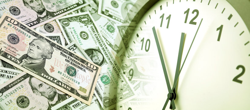Clock and American cash. Time is money
