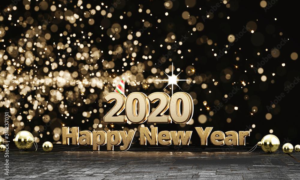 Poster 2020 texts gold happy new years with light bokeh background, 3d rendering.