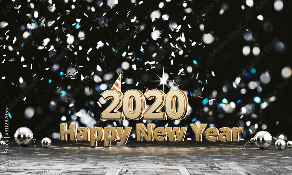 Poster 2020 texts gold happy new years with light bokeh background, 3d rendering.