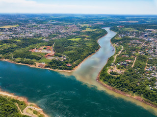 Aerial view of the landmark of the three borders (hito tres fronteras), Paraguay, Brazil and...