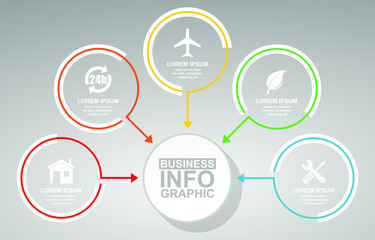 Business, travel and technology vector presentation, flat design circular infographic template, web diagram in 5 options