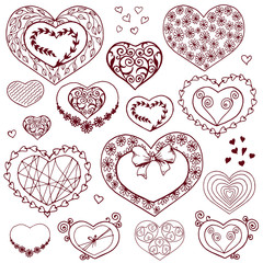 Fototapeta na wymiar Collection of hand drawn heart shapes for Valentine's Day design. Hand drawn vector illustration isolated on white.