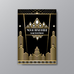 Art Deco template golden-black, A4 page, menu, card, invitation, Sun and city lights in a Art Deco/Art Nuvo style, beautiful background.
