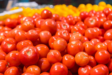 lots of tomatoes in the store. Showcase with tomatoes in a supermarket. A lot of red tomato. The choice of products. vegetables
