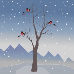 Fototapeta na wymiar Winter Tree with few berries and Red Birds on a cold looking background with mountains and dark snowy sky. Season Nature. Snowy Natural Landscape. Vector Illustration.