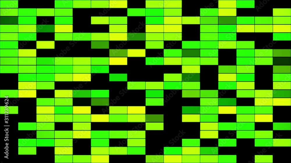 Poster colorful green and yellown blinking rectangles isolated on black background, seamless loop. animatio