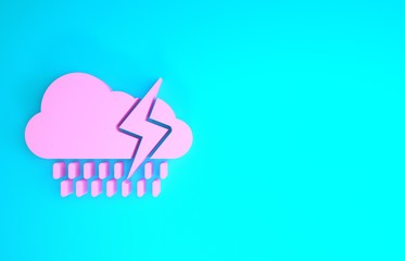 Pink Cloud with rain and lightning icon isolated on blue background. Rain cloud precipitation with...
